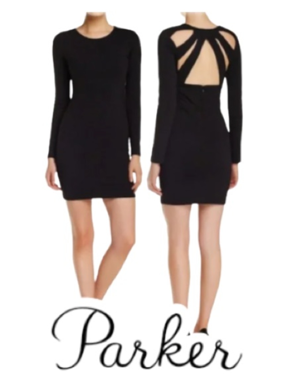 Parker | Mariel Black Cutout Back Bodycon Mini Dress Long Sleeve - Size M